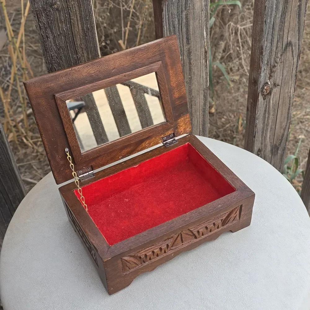 Vintage Hand Carved Wood Jewelry Box Mirror Red Velvet Lined Footed